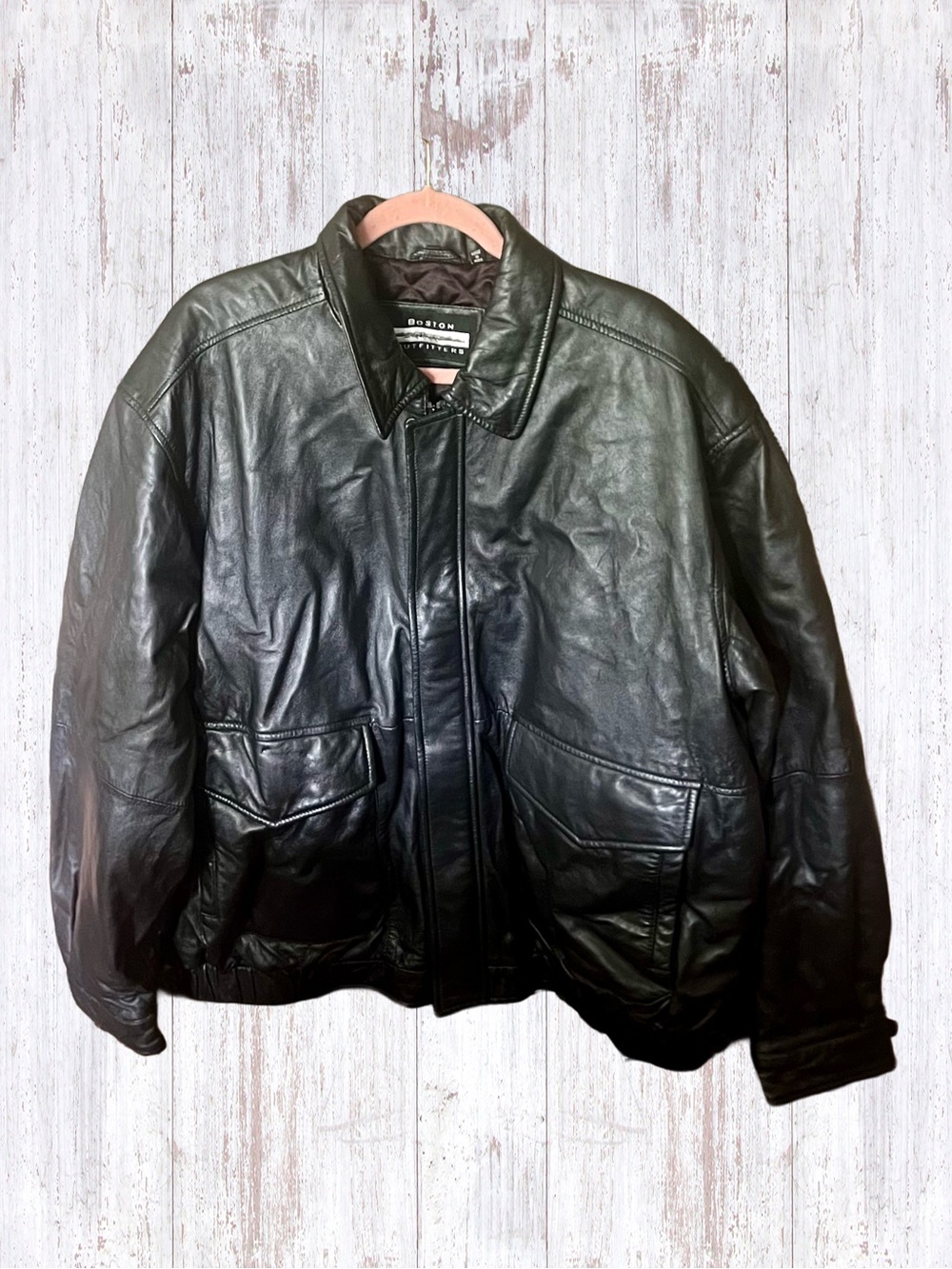 EUC Vintage Boston Outfitters Black Leather Bomber Jacket Size XXL